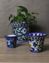 Blue Pottery Handmade Planter Set Of 3 Pieces ( 6 Inches, 4 Inches & 2.5 Inches) - Blue Base With Multi Colours