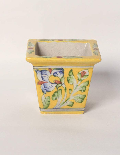 Blue Pottery Handmade Planter 4 Inches - Yellow Base With Blue Colours