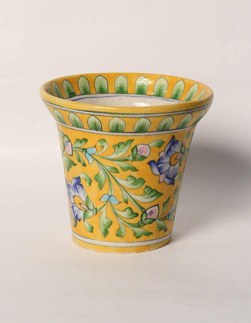 Blue Pottery Handmade Planter Set Of 2 Pieces ( 5 Inches, 4 Inches ) - Yellow Base With Blue Flowers