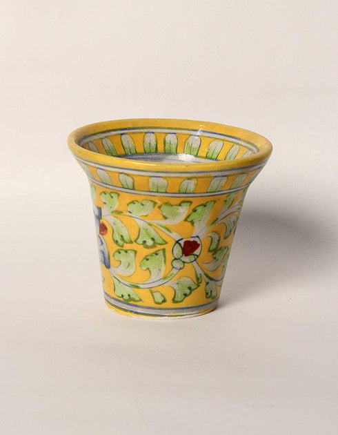 Blue Pottery Handmade Planter Set Of 2 Pieces ( 5 Inches, 4 Inches ) - Yellow Base With Blue Flowers