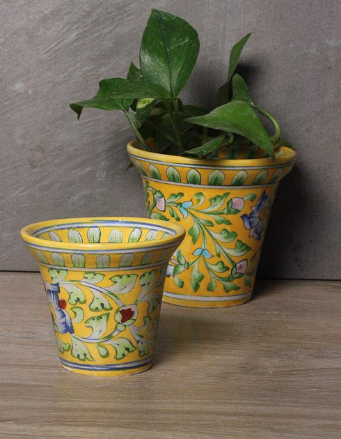 Blue Pottery Handmade Planter Set Of 2 Pieces ( 5 Inches, 4 Inches ) - Yellow Base With Blue Flowers