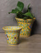 Blue Pottery Handmade Planter Set Of 2 Pieces ( 5 Inches, 4 Inches ) - Yellow Base With Blue Flowers