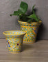 Blue Pottery Handmade Planter Set Of 2 Pieces ( 5 Inches, 4 Inches ) - Yellow Base With Blue Flowers