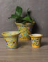Blue Pottery Handmade Planter Set Of 3 Pieces ( 5 Inches, 4 Inches, 2.5 Inches ) - Yellow Base With Blue Flowers