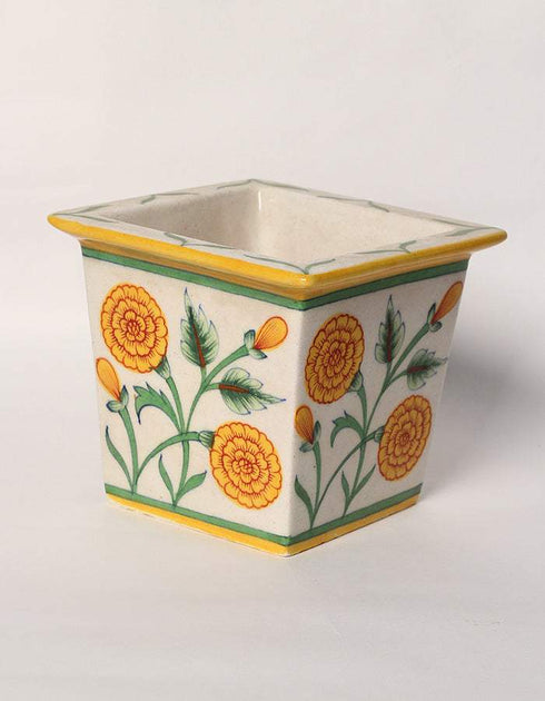 Blue Pottery Handmade Planter Square 6 Inches - Off-White Base With Marigold Flowers