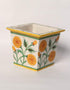 Blue Pottery Handmade Planter Square 6 Inches - Off-White Base With Marigold Flowers