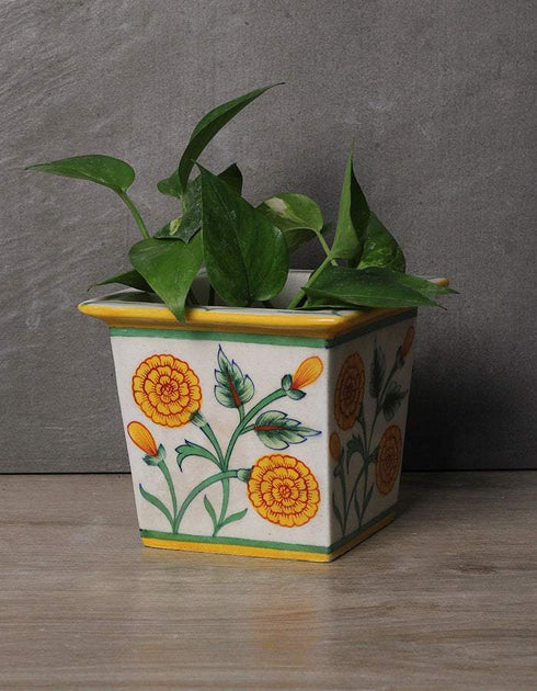 Blue Pottery Handmade Planter Square 6 Inches - Off-White Base With Marigold Flowers
