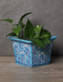 Blue Pottery Handmade Planter Square 6 Inches - Turquoise Base With White/Turquoise Flowers