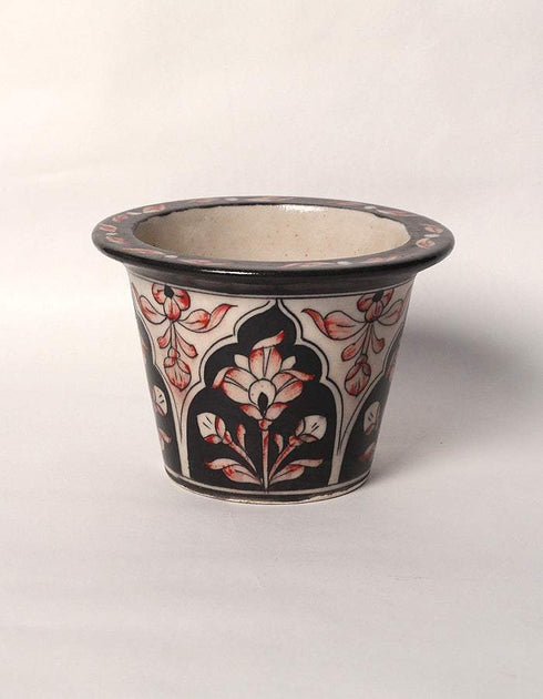 Blue Pottery Handmade Planter 5 Inches Set Of 2 Pieces - Black/White/Red Flowers