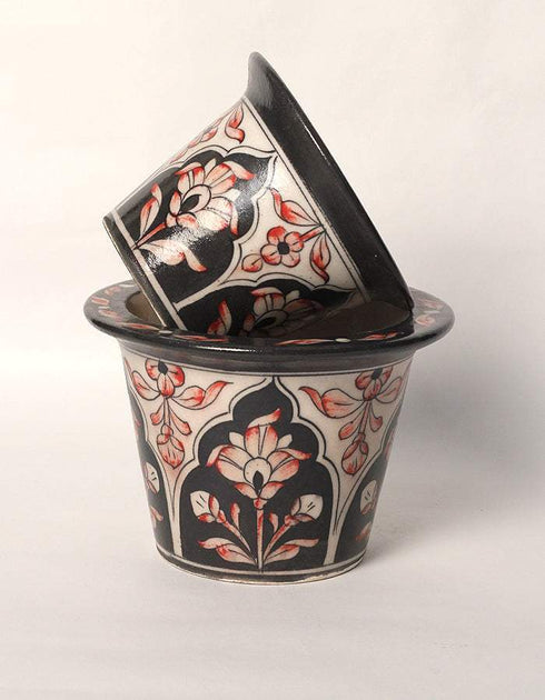 Blue Pottery Handmade Planter 5 Inches Set Of 2 Pieces - Black/White/Red Flowers