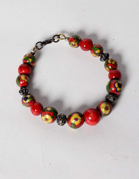 Blue Pottery Full Bead Necklace With Earrings And Bracelet (Red)