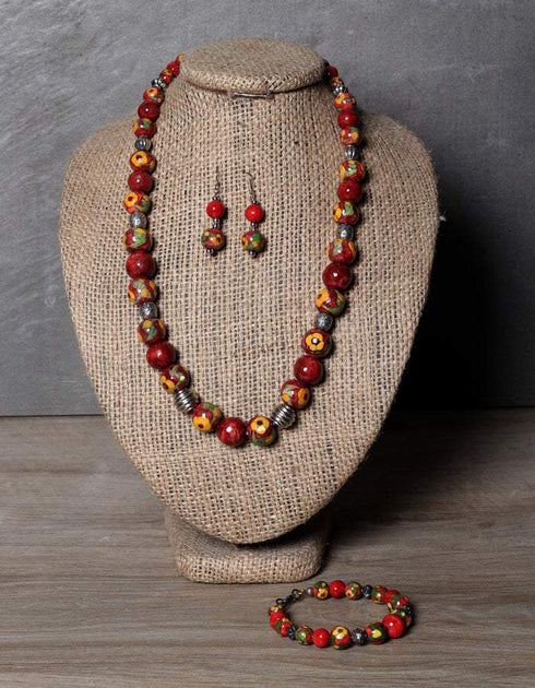 Blue Pottery Full Bead Necklace With Earrings And Bracelet (Red)