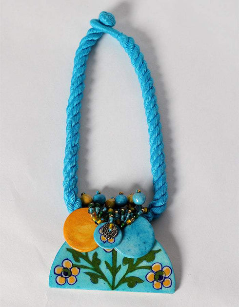 Blue Pottery Guccha Neckalce With One Bead Earring - Turquoise Base With Yellow Flowers