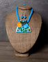 Blue Pottery Guccha Neckalce With One Bead Earring - Turquoise Base With Yellow Flowers