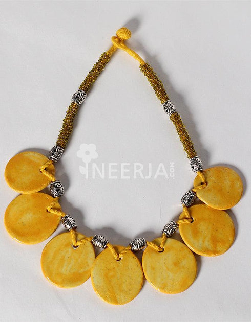 Blue Pottery Seven Pendant Necklace With Earring - Yellow