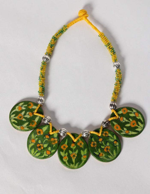Blue Pottery Reversible Style Five Pendant Neckalce With Earring - Green With Yellow (Two in One)