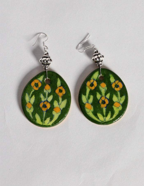 Blue Pottery Reversible Style Five Pendant Neckalce With Earring - Green With Yellow (Two in One)