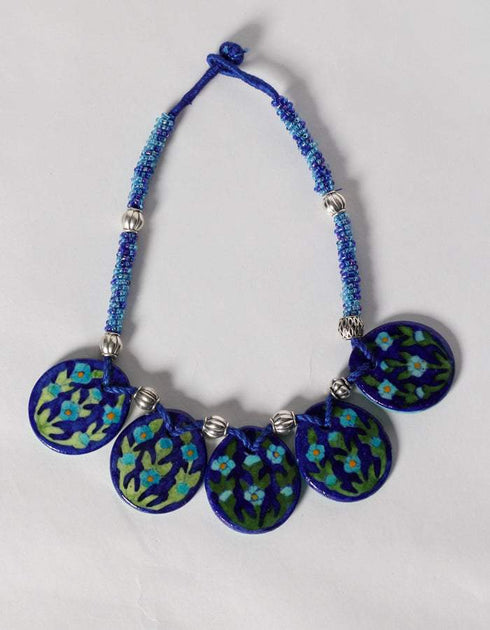 Blue Pottery Reversible Style Five Pendant Neckalce With Earring - Turquoise, Blue (Two In One)