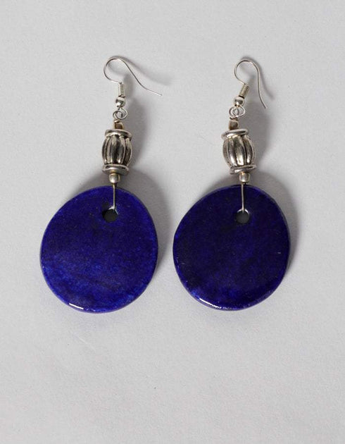 Blue Pottery Seven Pendant Necklace With Earring - Blue