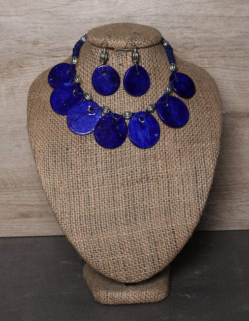 Blue Pottery Seven Pendant Necklace With Earring - Blue