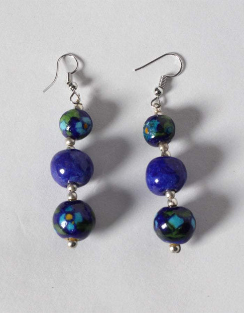 Blue Pottery 3 Bead Side Necklace With Earring, Ring And Bracelet - Blue