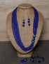 Blue Pottery 3 Bead Side Necklace With Earring, Ring And Bracelet - Blue