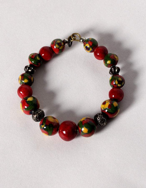 Blue Pottery 3 Bead Side Necklace With Earring, Ring And Bracelet - Red