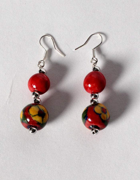 Blue Pottery 3 Bead Side Necklace With Earring, Ring And Bracelet - Red