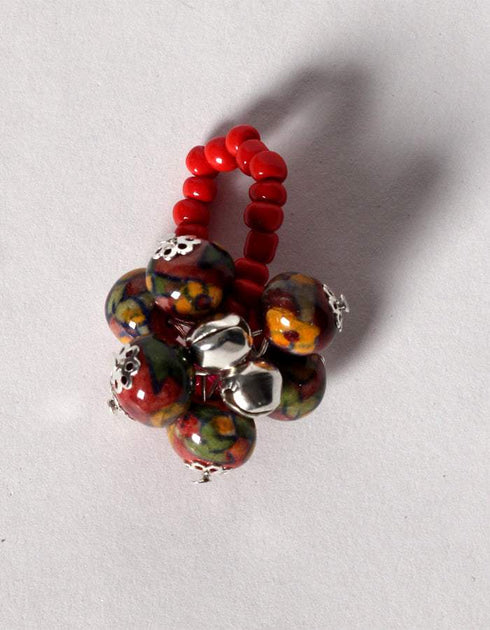 Blue Pottery 3 Bead Side Necklace With Earring, Ring And Bracelet - Red