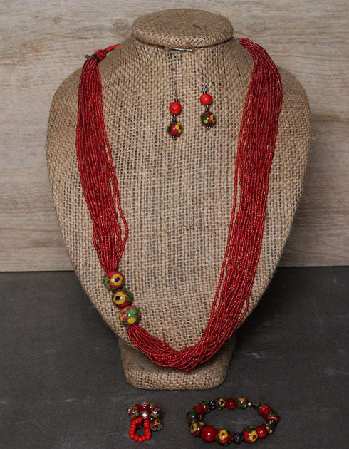 Blue Pottery 3 Bead Side Necklace With Earring, Ring And Bracelet - Red