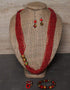 Blue Pottery 3 Bead Side Necklace With Earring, Ring And Bracelet - Red
