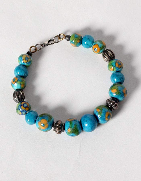 Blue Pottery 3 Bead Side Necklace With Ring And Bracelet - Turquoise