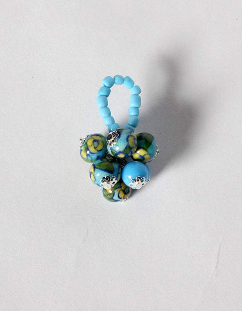 Blue Pottery 3 Bead Side Necklace With Ring And Bracelet - Turquoise