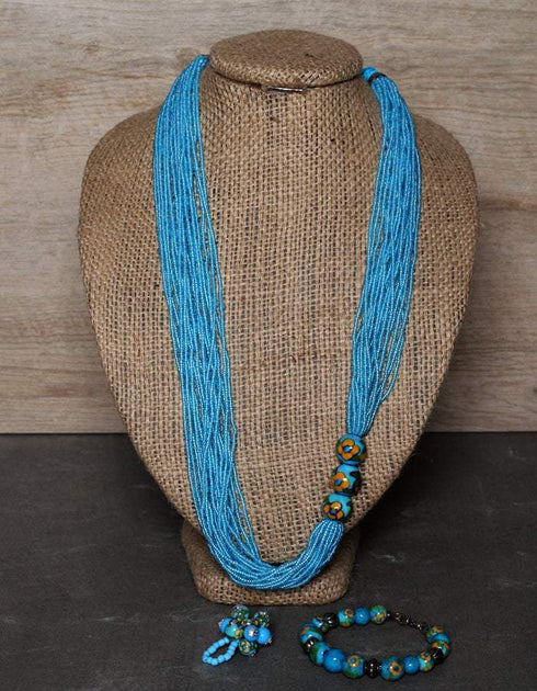 Blue Pottery 3 Bead Side Necklace With Ring And Bracelet - Turquoise