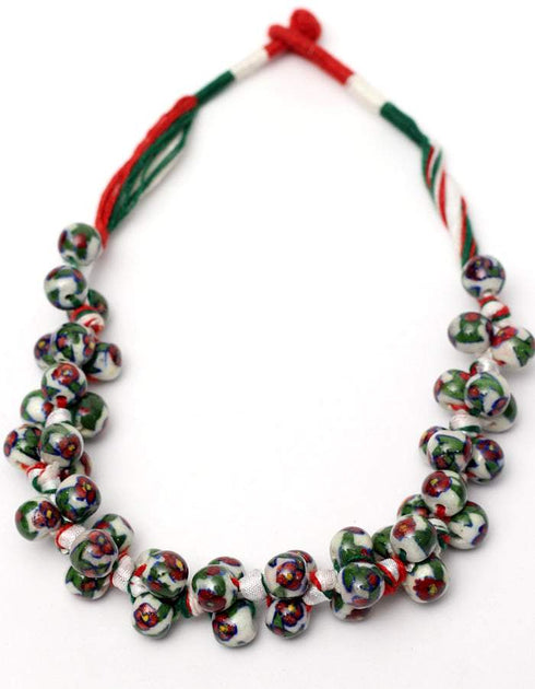 Blue Pottery Knot Necklace With Ring - White & Red