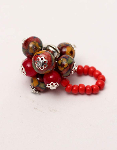 Blue Pottery Knot Necklace With Ring - White & Red