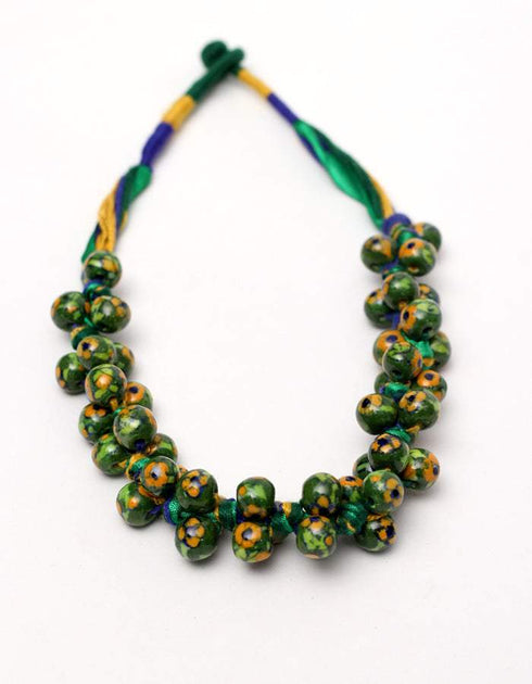 Blue Pottery Knot Necklace With Ring - Green & Yellow