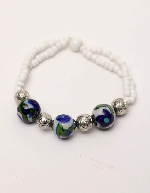 One Bead Necklace With Earring & Bracelet- White Blue