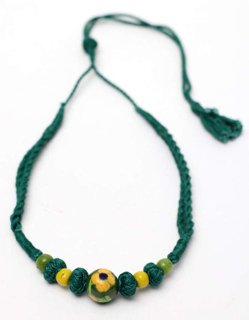 Blue Pottery One Bead Necklace -Green & Yellow With Earring