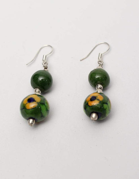 Blue Pottery One Bead Necklace -Green & Yellow With Earring