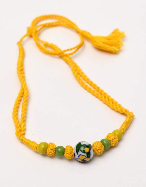 Blue Pottery One bead Necklace White & Yellow With Earring