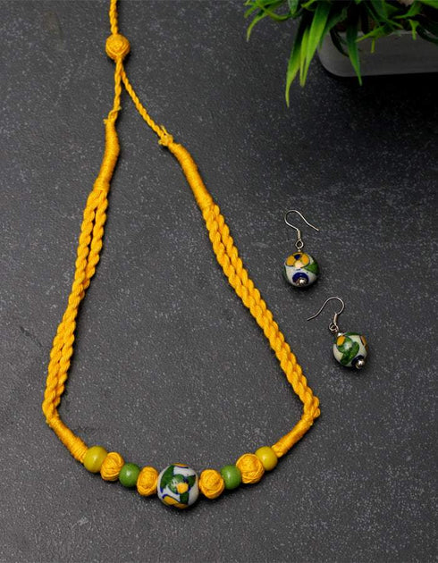 Blue Pottery One bead Necklace White & Yellow With Earring