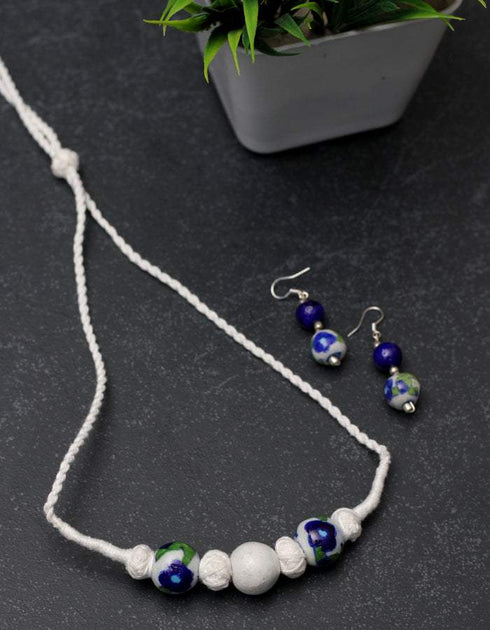 Blue Pottery Necklace - White & Blue With Earring