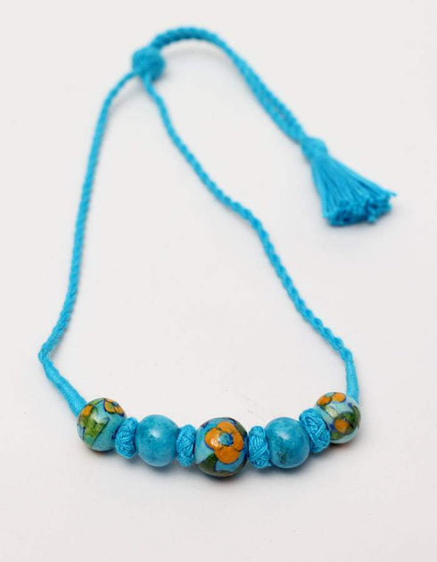 Blue Pottery 5 Bead Necklace With Bracelet & 2 Bead Earring (Turq)