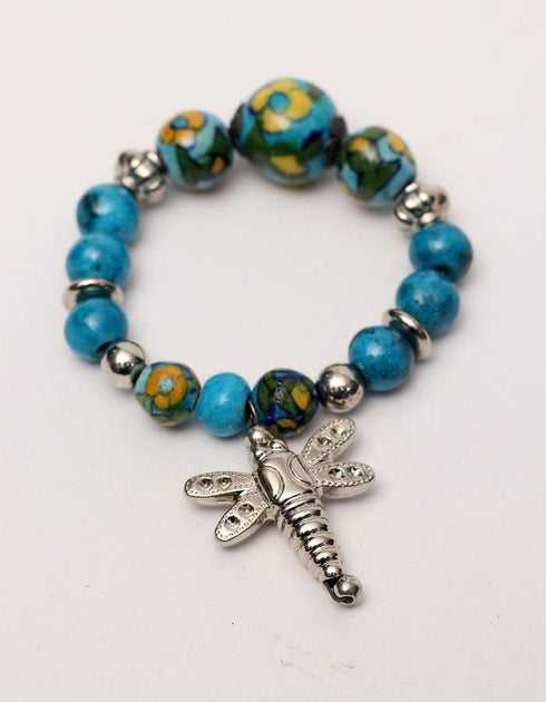 Blue Pottery 5 Bead Necklace With Bracelet & 2 Bead Earring (Turq)