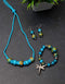 Blue Pottery 5 Bead Necklace With Bracelet & 2 Bead Earring (Turq)