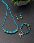 Blue Pottery 5 Bead Necklace With Bracelet & 2 Bead Earring (Turq)