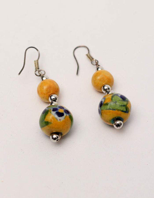 Blue Pottery 5 Bead Necklace With 2 Bead Earring (Yellow Base With Blue Flowers)