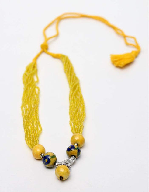 Blue Pottery Handmade Short Necklace With bead Pendant - Yellow Base With Blue Flowers