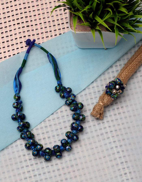 Blue Pottery Handmade Knot Necklace With Ring - Blue Colour With Turquoise Flower
